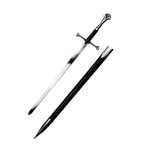 One hand medieval sword by Knight Collections with detailed hilt and black scabbard