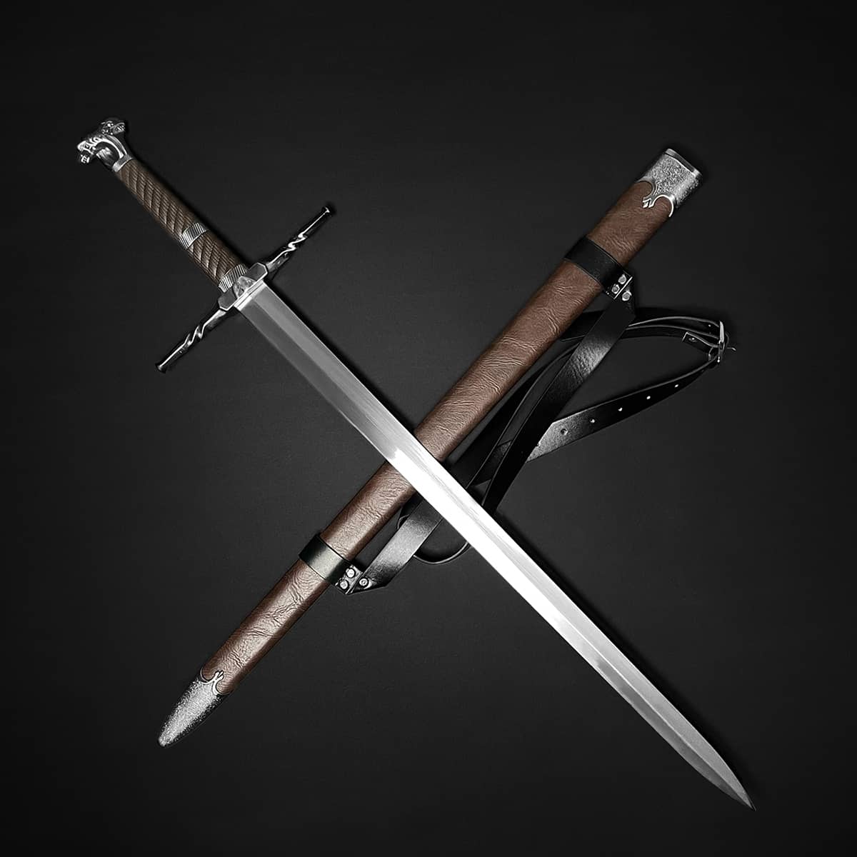 Knights Collection polycephally medieval sword with long steel blade leather scabbard and belt