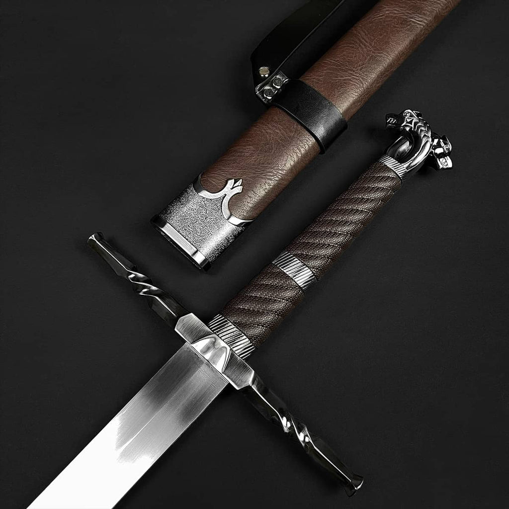 Knights Collection polycephally medieval sword with braided leather grip and ornate twisted steel crossguard