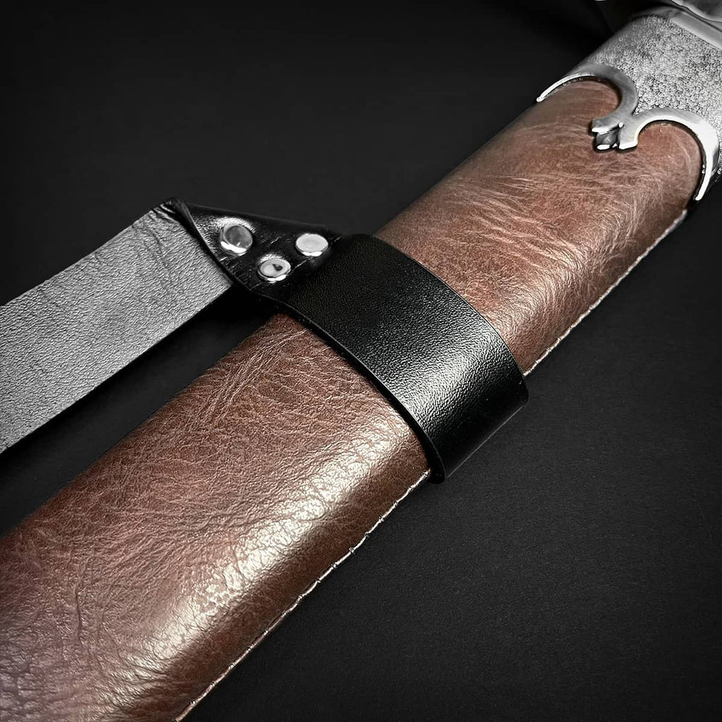 Knights Collection polycephally medieval sword brown leather scabbard with black strap and metal fittings