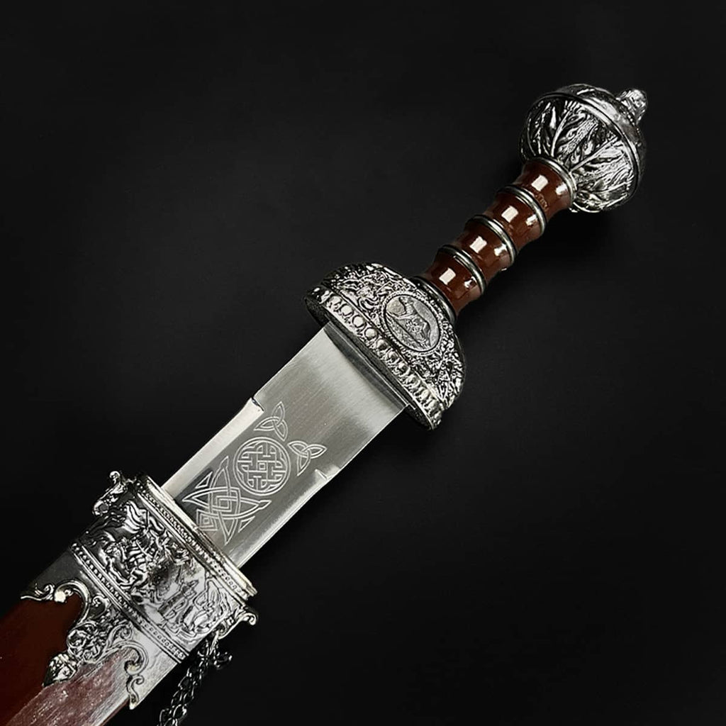 Knights Collection ornate Roman Gladius with engraved blade wood grip decorative pommel and legionnaire Roman sword with scabbard