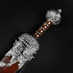 Knights Collection ornate Roman gladius pommel and scabbard closeup showing silver filigree legionnaire Roman sword with scabbard