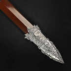 Knights Collection Roman gladius with ornate engraved silver scabbard tip and brown scabbard legionnaire Roman sword with scabbard