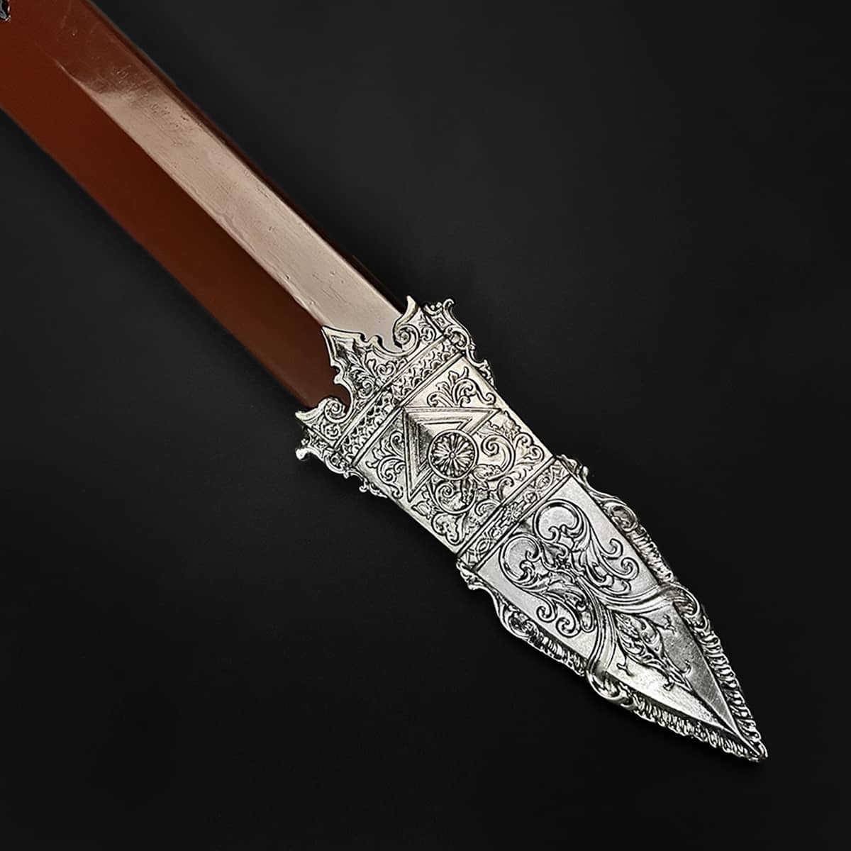 Knights Collection Roman gladius with ornate engraved silver scabbard tip and brown scabbard legionnaire Roman sword with scabbard