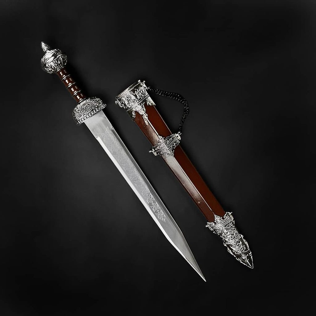 Knights Collection legionnaire Roman sword with scabbard ornate silver mounts brown wooden grip for display or reenactment