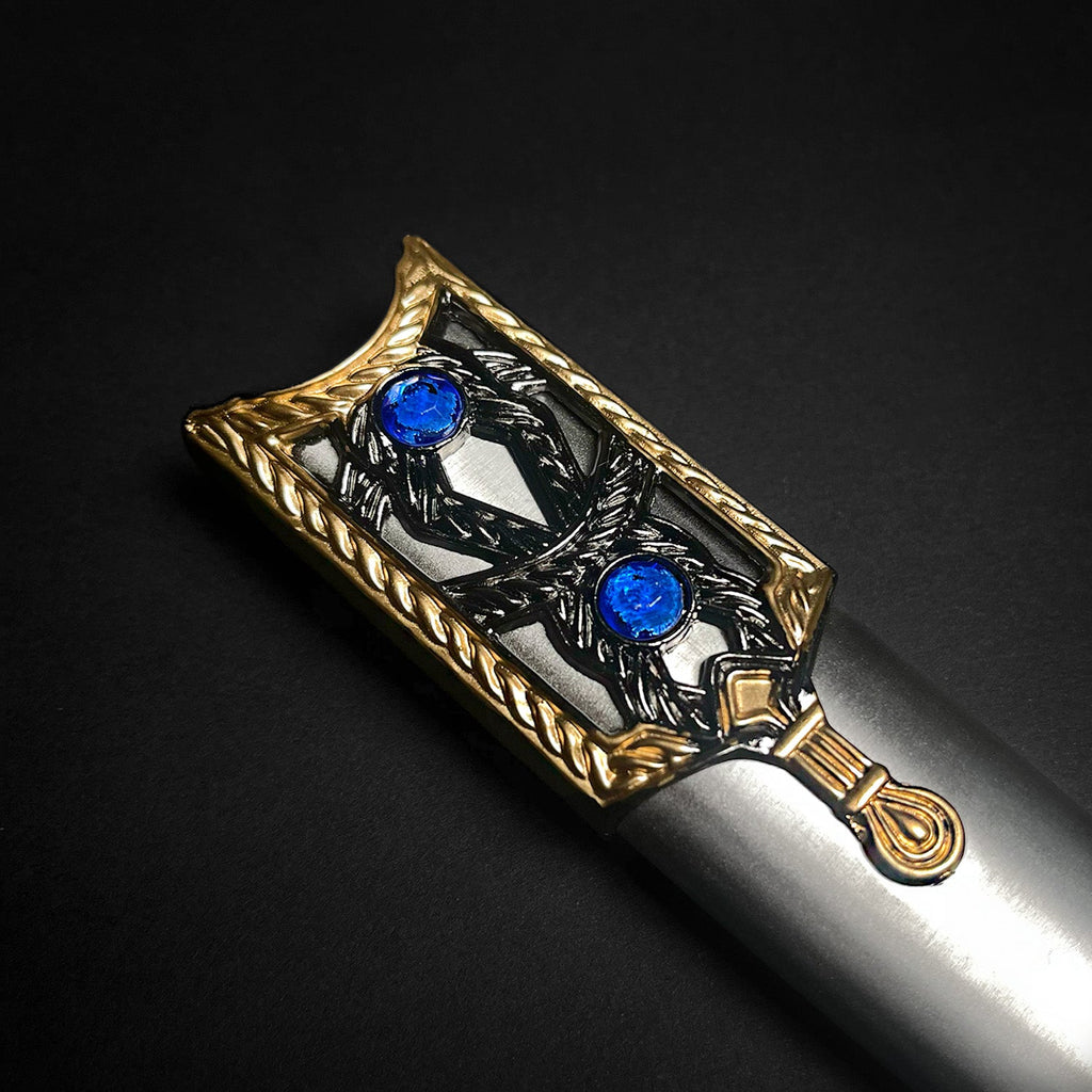 Roman Dagger with Intricate Handle Design and Blue Gem Accents