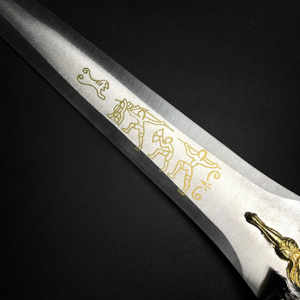Roman Dagger with Blue Crystal Handle featuring intricate engravings on the blade