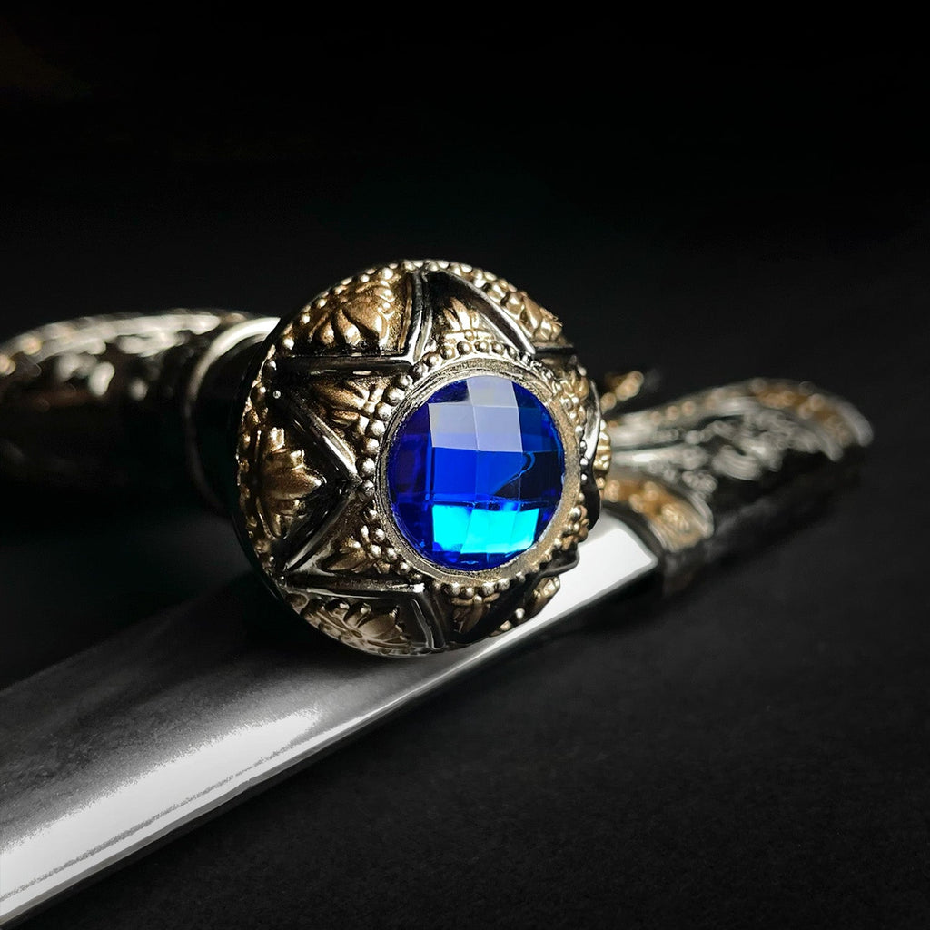 Roman Dagger with Blue Crystal Handle featuring intricate detailing and a polished blade