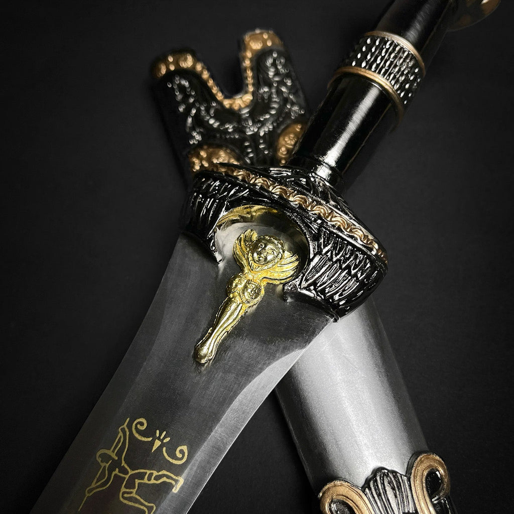 Roman Dagger with Blue Crystal Handle featuring intricate details and a sleek blade