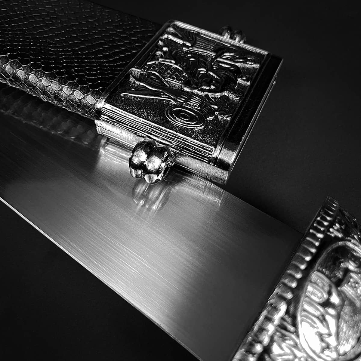 Knights Collection Roman Gladius Medieval Sword close up of polished blade ornate scabbard embossed hilt