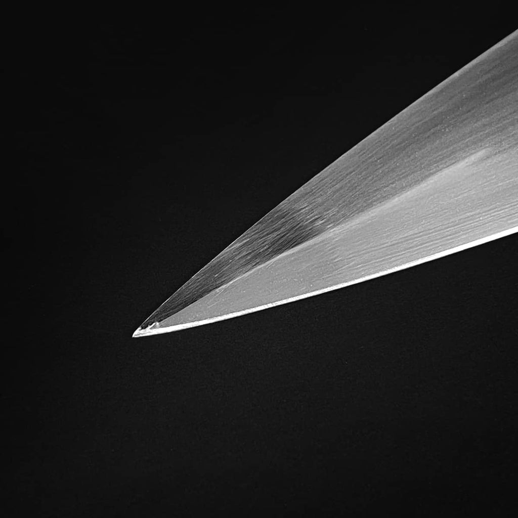 Close up polished blade tip of Knights Collection Roman Gladius Medieval Sword showing sharp point and fine bevel