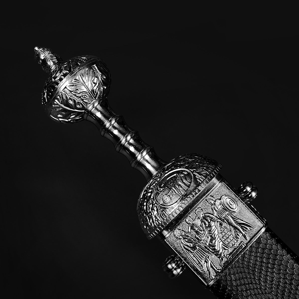 Knights Collection Roman Gladius Medieval Sword with ornate engraved pommel and detailed scabbard fittings