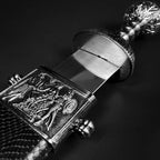 Knights Collection Roman Gladius Medieval Sword ornate engraved scabbard and detailed pommel closeup on steel blade