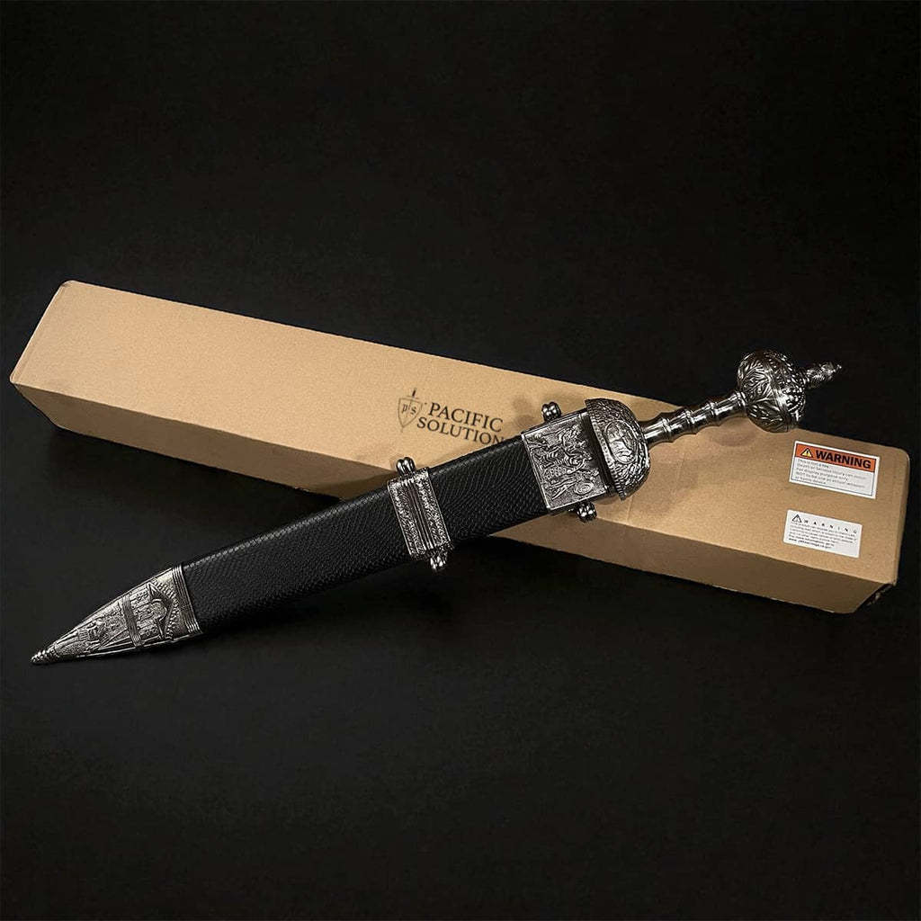Knight's Collection Roman Gladius Medieval Sword . Ornate silver hilt and black leather scabbard on display box