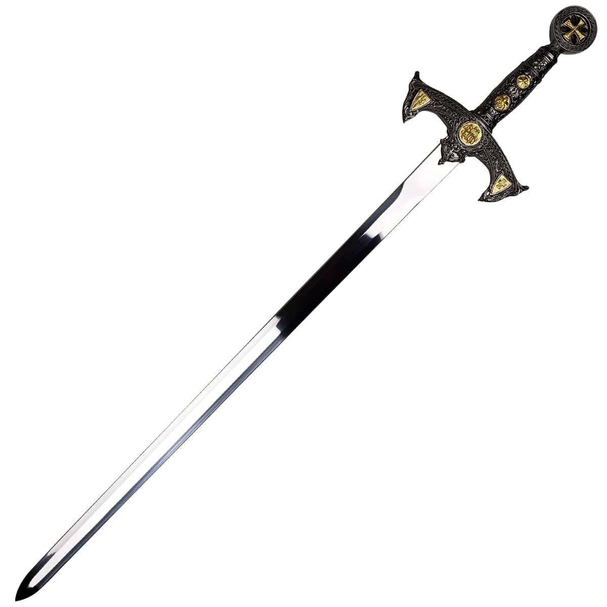 Templar knight Medieval One-Hand sword with ornate black and gold handle from Knight's Collection