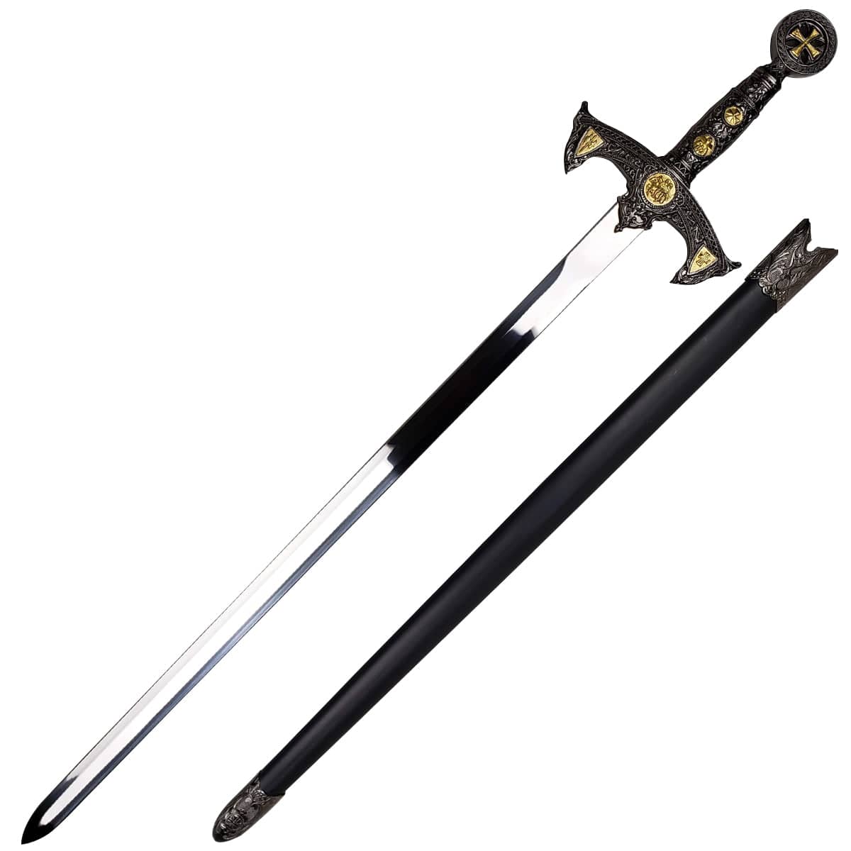 Templar knight Medieval One-Hand sword with detailed black and gold hilt and matching black scabbard