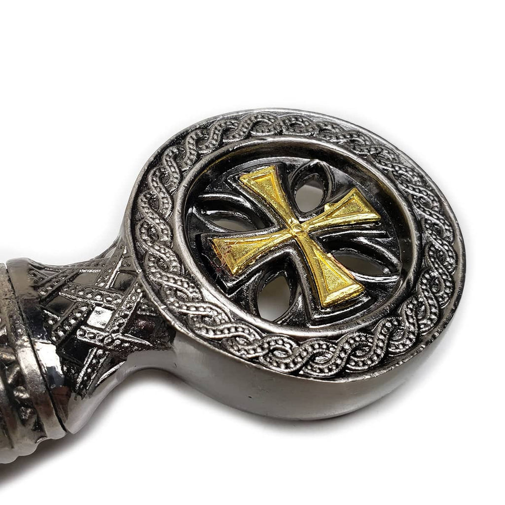 Close-up of ornate Templar knight Medieval One-Hand sword handle with gold cross emblem
