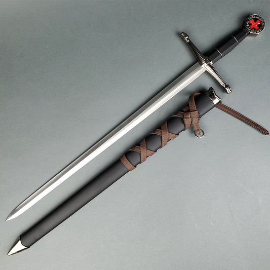Knight's Collection Templar sword replica with metal blade and black scabbard with leather straps