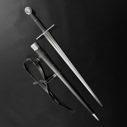 Valebrand hand-forged medieval sword with a sleek blade and elegant hilt, includes a leather sheath