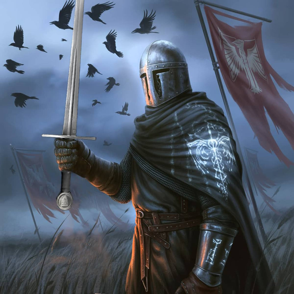 Valebrand hand-forged medieval sword held by a knight in armor amid a dark, atmospheric landscape