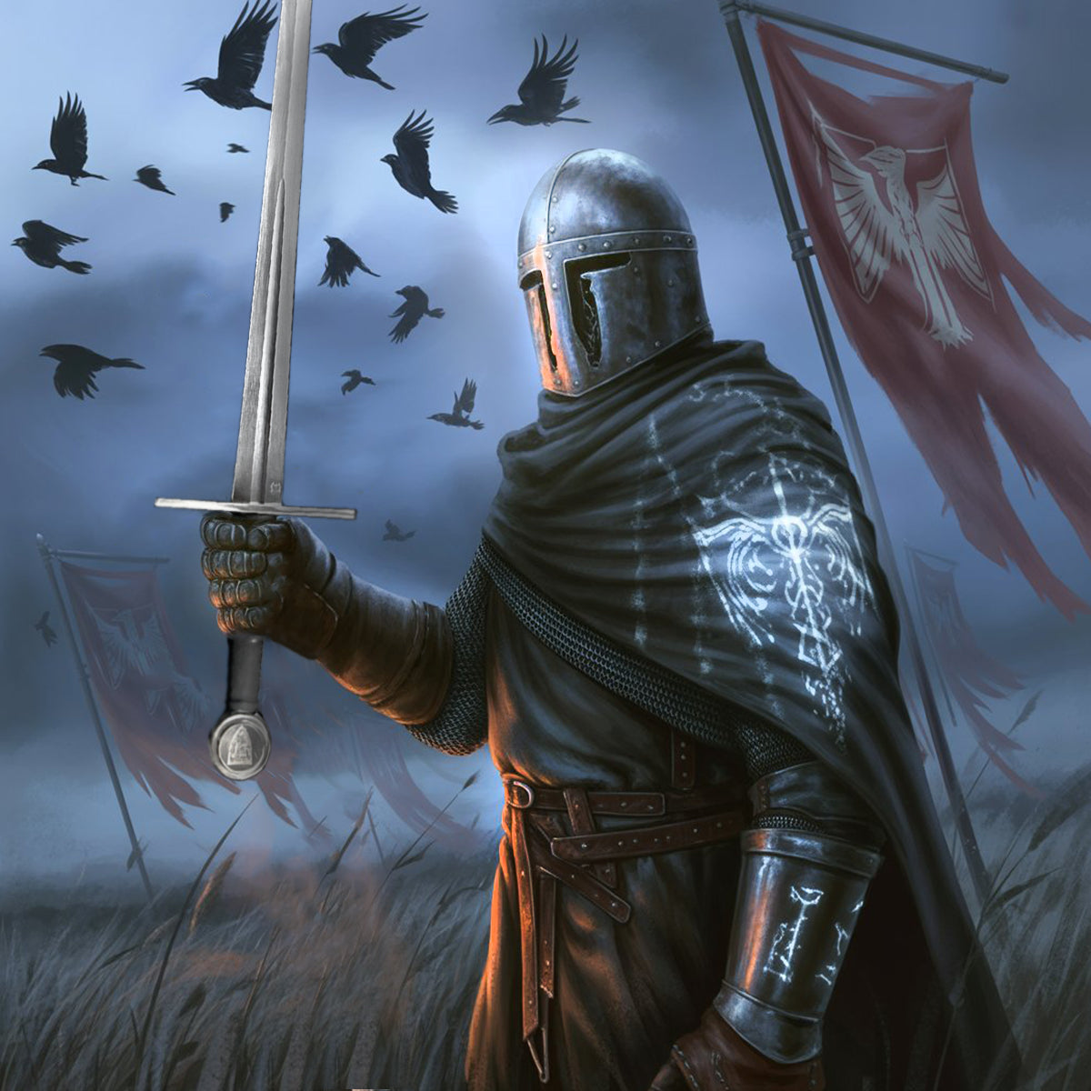 Valebrand hand-forged medieval sword held by a knight in armor amid a dark, atmospheric landscape