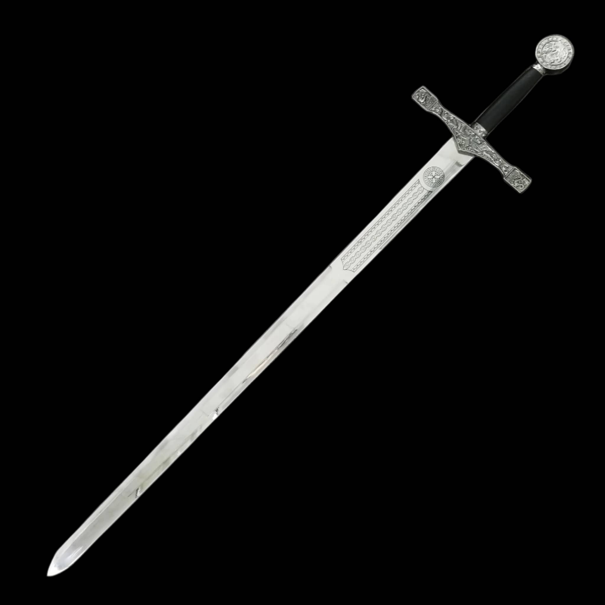 Decorative Excalibur knight medieval sword for display with detailed silver hilt and long polished blade