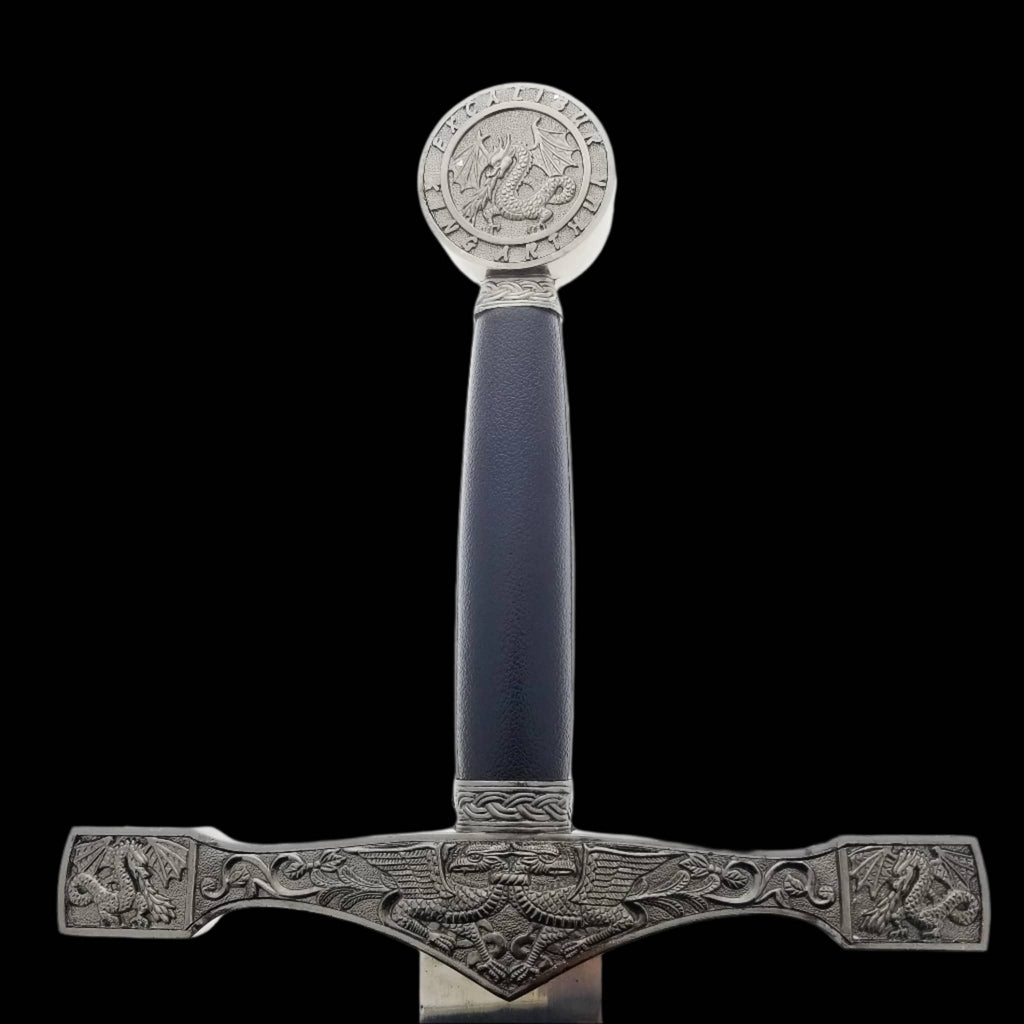 Decorative Excalibur knight medieval sword for display with detailed engraved hilt and leather-wrapped handle