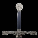 Decorative Excalibur knight medieval sword for display with detailed engraved hilt and leather-wrapped handle