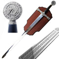 Decorative Excalibur knight medieval sword for display with dragon emblem pommel and engraved blade on wooden plaque