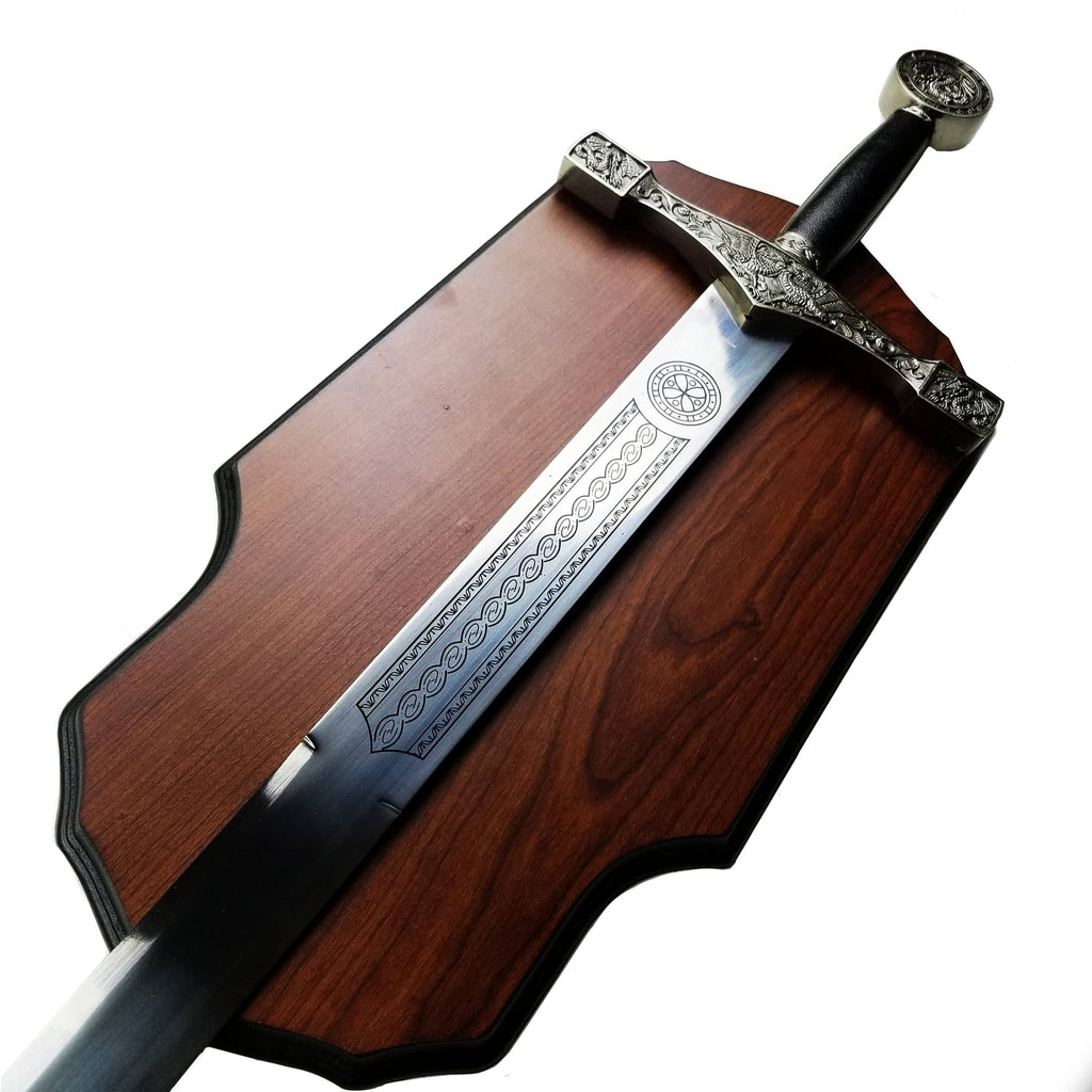 Decorative Excalibur knight medieval sword for display mounted on wooden plaque by Knight Collections