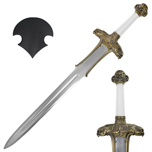 Decorative fantasy Barbarian sword with detailed gold and white hilt and long silver blade with wall mount plaque