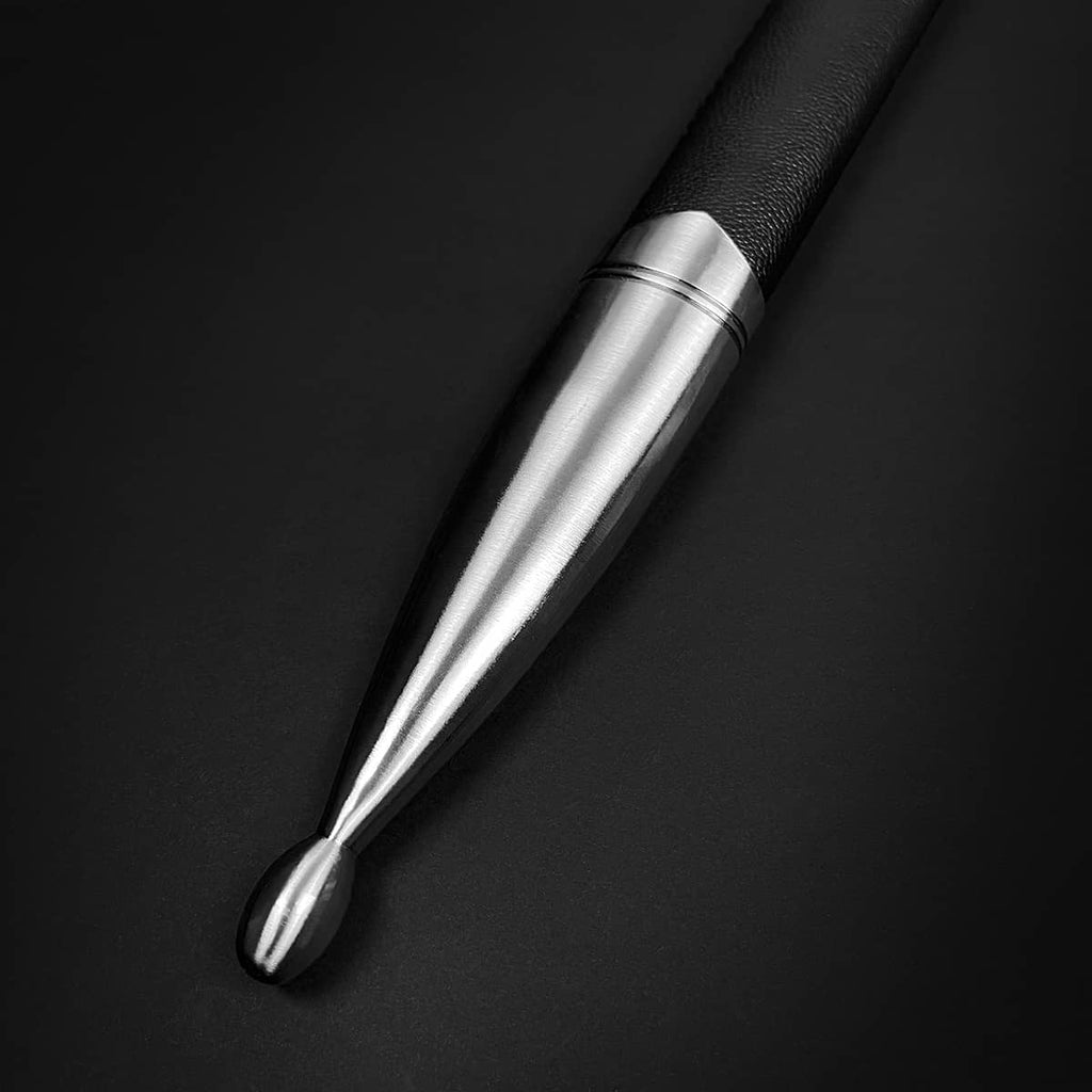 Close-up of medieval sword for sale with polished steel tip and black handle from Knight's Collection