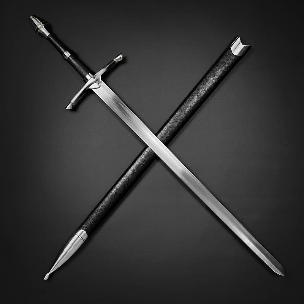 Knight's Collection medieval sword for sale with steel blade and black leather scabbard on black background
