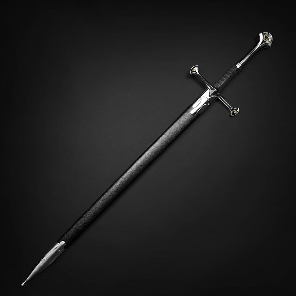 Knight Collections one hand medieval sword with black scabbard and silver crossguard on dark background