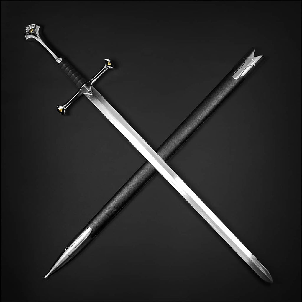 Knight Collections one hand medieval sword with detailed crossguard and black scabbard on black background