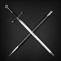 Knight Collections one hand medieval sword with detailed crossguard and black scabbard on black background