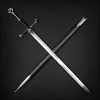 Knight Collections one hand medieval sword with detailed crossguard and black scabbard on black background