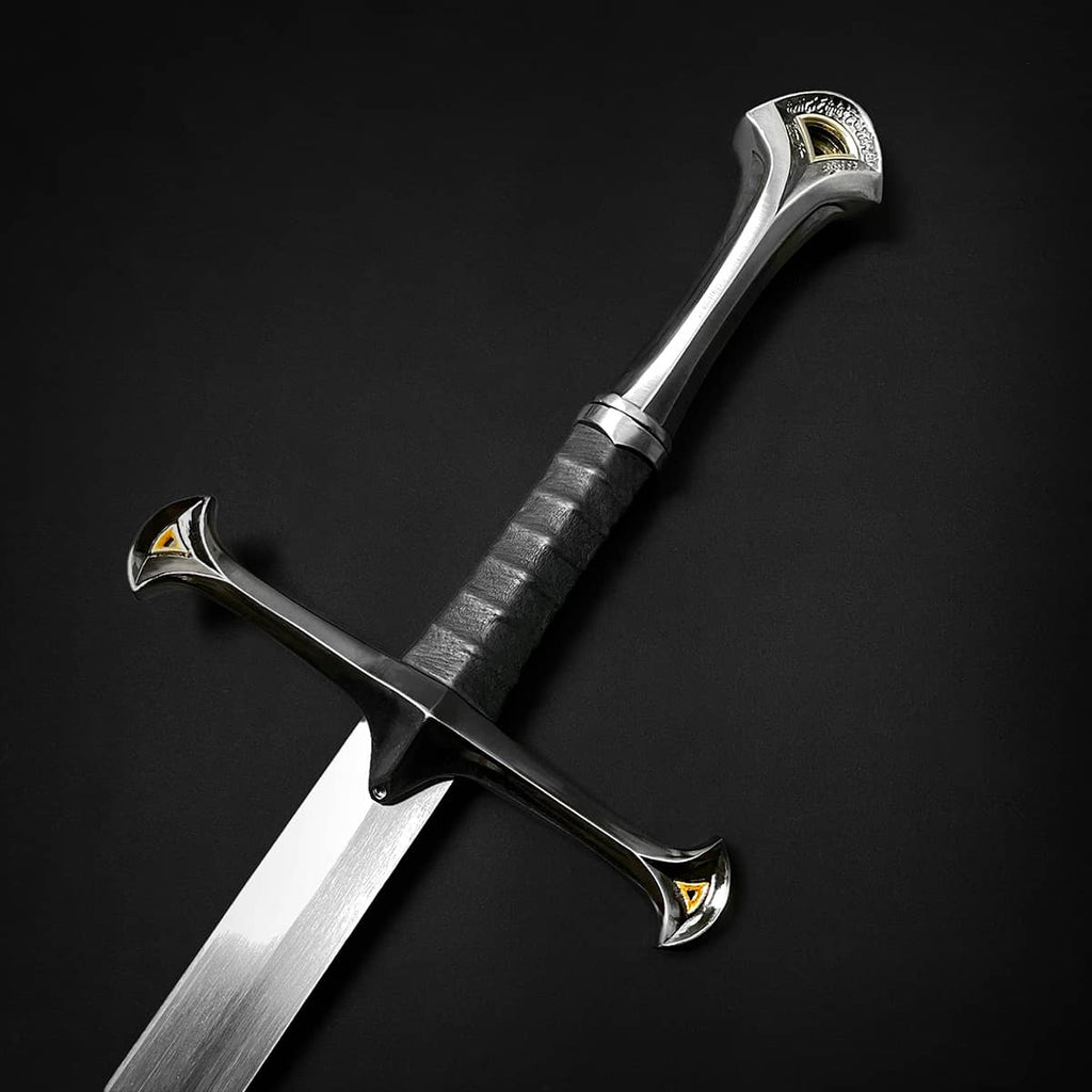 Knight Collections one hand medieval sword with detailed crossguard and leather wrapped handle on black background