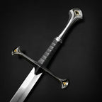 Knight Collections one hand medieval sword with detailed crossguard and leather wrapped handle on black background