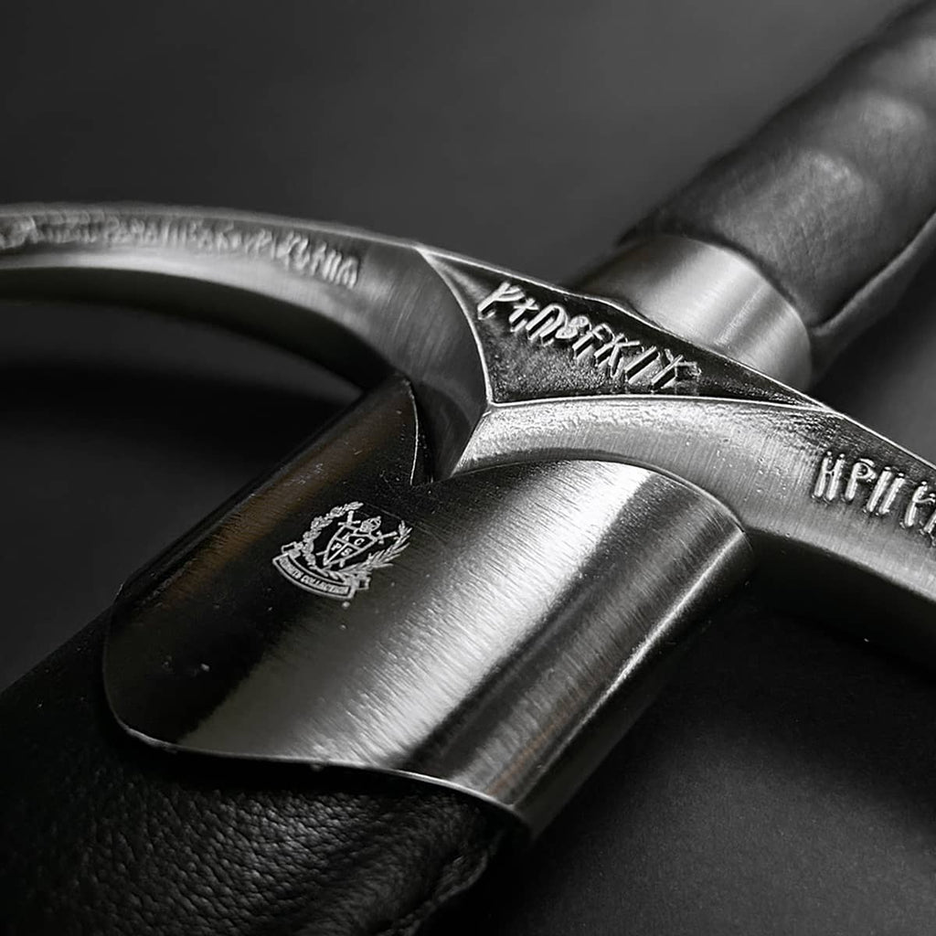 Close-up of the Knight Collections wizard one hand medieval sword with detailed hilt and leather grip