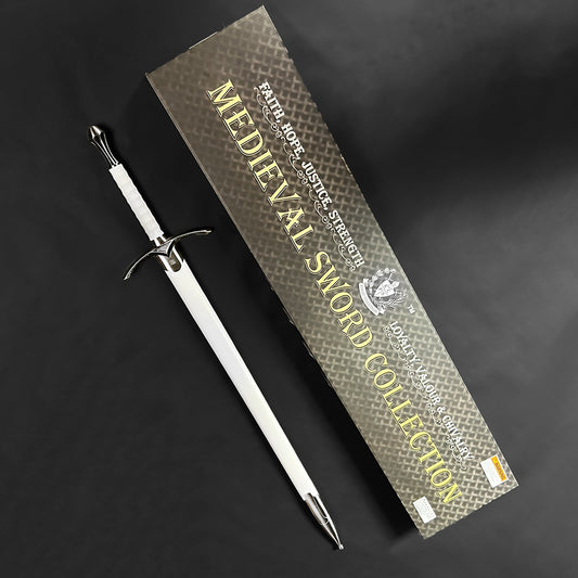 Knight Collections wizard's one-hand white medieval sword displayed with elegant packaging